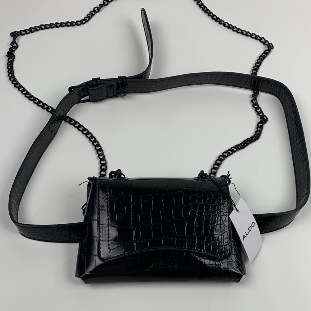 ALDO Black Croc-Embossed Crossbody Belt Waist Bag Chain strap Adjustable NWT NEW
